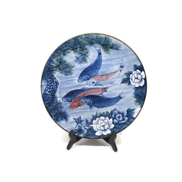 Sun Ceramics Koi Fish Round Platter 12.5" Blue Lotus Flower  Excellent - Picture 7 of 12